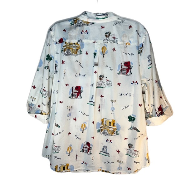 Talbots Classic Cotton Shirt Scenic France Print Button Down Blouse XL - Picture 4 of 12